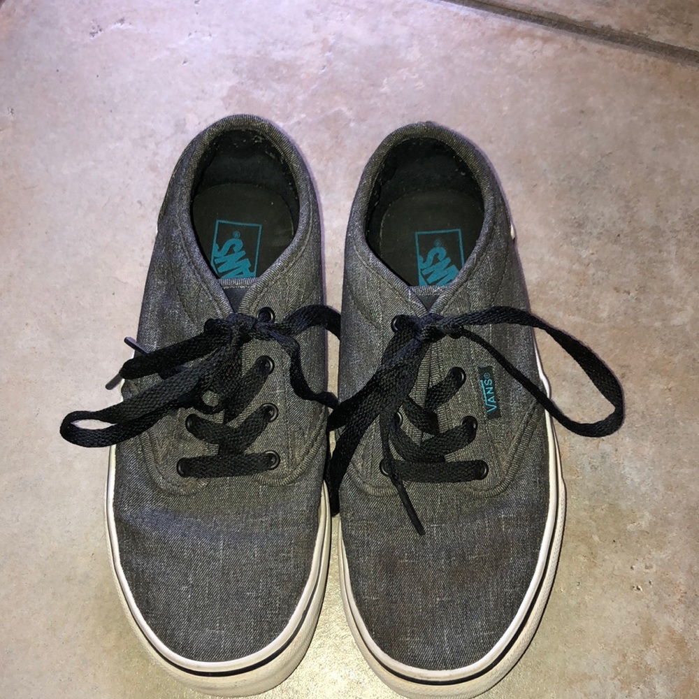 Charcoal Gray vans with blue accents